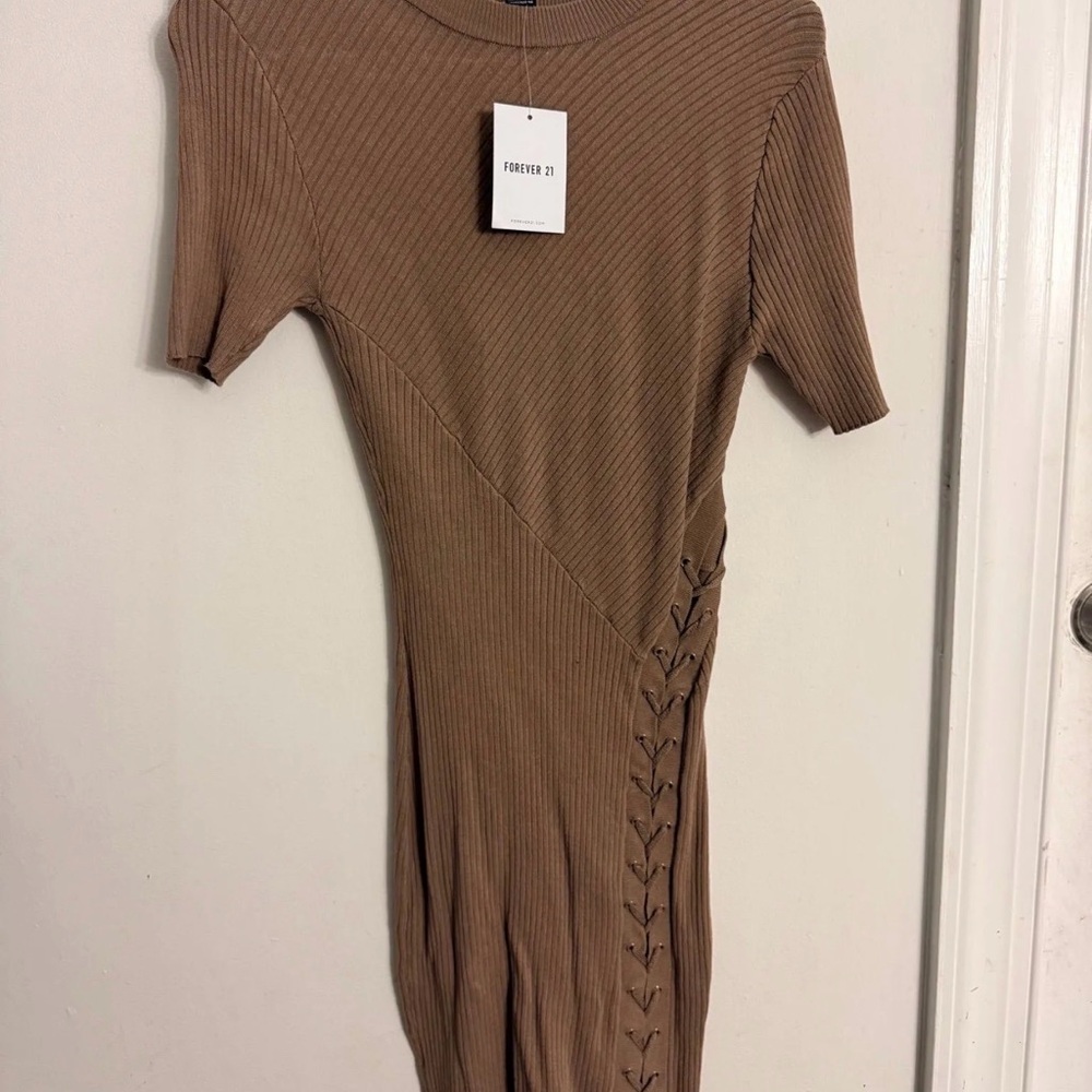 Forever 21 Brown Ribbed Lace-Up Midi Dress
